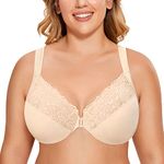 Delimira Women's Front Fastening Bras Unlined Lace Plus Size Support Underwire Beige 38D