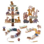 Large Wooden Lacing Toy Stacking Toys, Animals Stacking Blocks Balance Game, Threading Toys for Toddlers 3 4 5 Years Old, Educational Preschool Learning Toy, Montessori Toys for Boys Girls