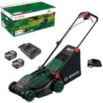 Bosch Cordless Lawn Mower ROTAK18V2-38 (Cutting Width: 38 cm, Height of Cut: 30-75 mm, 40 l Fabric Grass Bag, Mulch Plug, incl 2 x 18V Battery and Charger)