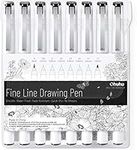 Black Fineliner Drawing Pen, Ohuhu Set of 8 Pack Ultra Fine Line Drawing Markers, 8 Assorted Tip Sizes, 7 Fine Tip Markers with a Brush Tip, Black Ink for Markers Painting, Invitation Card Writting