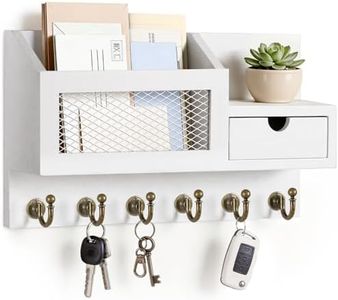 FifthQuarter Key and Mail Holder for Wall, Mail Organizer Wall Mount with 6 Hooks and Storage Drawer, Easy Installation Key Rack for Entryway and Home Decor (B-White)