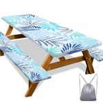 Picnic Table Cover with Bench Covers 8FT 3 Pcs Waterproof Windproof Camping Tablecloth with Drawstring Bag, Fitted Rectangle Tables and Seats, 96in, Light Green Blue