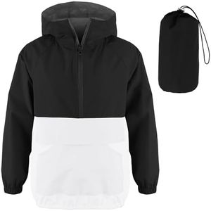 MODAFANS Girls Boys Rain Jacket Lightweight Waterproof Packable Hooded Half zip RainCoats Windbreaker for Outdoor8-9T,White-black