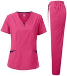 Dagacci Medical Uniform Women's Scrubs Set 4-Way Stretch Split Contrast Net and Pocket (Large, Hot Pink)