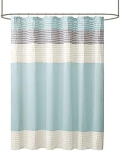 Madison Park Amherst Bathroom Shower Curtain Faux Silk Pieced Striped Modern Microfiber Bath Curtains, 72x72 Inches, Aqua