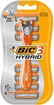 BIC 3 Hybrid , Men's Triple-Blade Razors for Men, Long Curved Handle for Easy Grip, Pack with 1 Handle and 6 Refills