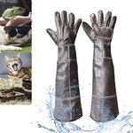 Waterproof Animal Handling Gloves Bite Proof, FIPASEN 60cm/ 23.6In Bite Resistant Gloves for Bathing, Grooming, Handling Cat Dog Rat Snake Lizard Falcon Reptile, Reinforced Leather Protection Gloves