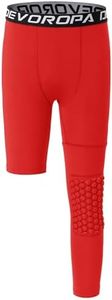 DEVOROPA Youth Boys One Leg Compression Pants with Knee Pads 3/4 Basketball Tights for Sports Base Layer Leggings Red L