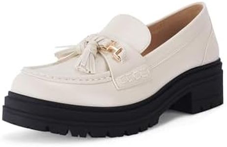 VETASTE Womens Chunky Lug Sole Platform Loafers Casual Round Toe Slip On Office Uniform Oxfords Shoes with Metal Chain and Tassels Beige