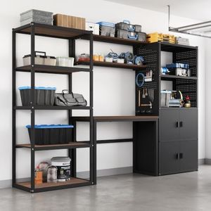 FLEXIMOUNTS Garage Storage Cabinet System, 3-in-1 Modular Garage Organization Station with Workbench, Open Shelving & Pegboard Cabinet with 2 Doors, 117"(L), Heavy Duty Steel, Black, FLEXIMOD Series