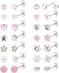 JeweBella 12/14Pairs Flat Back Earrings Stud Earrings for Women Girls Kids Surgical Steel Hypoallergenic Earrings Pearl Flower Heart CZ Cute Pink Earrings Set Screw Back Earrings Sleeper Earrings 20G