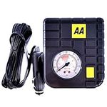 AA Car Essentials 12V Compact Tyre Inflator AA5007 – For Cars Vans Motorbikes Vehicles Inflatables Bicycles - PSI BAR KPA 0-80 PSI – Includes Adaptors, Black