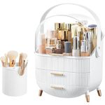 Kousee Makeup Organiser and Storage + Makeup Brush Holder, Waterproof Dustproof Organiser with Lid, Cosmetic Display Case Skincare Organizers for Vanity, Bathroom (Pure White)