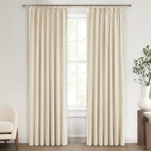Light Beige 100% Blackout Curtains for Office at Home/Playroom/Classroom, Noise Cancelling Thermal Curtains 90 Inch Length 2 Panels Set Neutral Modern Window Faux Linen Pinch Pleated Drapes(40x90)