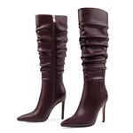 COLETER Women's Knee High Boots Pointed Toe Stiletto Buckle Dress Boots Slouch Zipper Heeled Boots, Burgundy Slouchy, 7