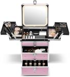 Qislee Makeup Box with Double Drawers and Four Trays, A Detachable Lighted Mirror, Waterproof Travel Train Case, Cosmetic Organizer and Makeup Suitcase with Magnetic LED Mirror(ICY Pink)