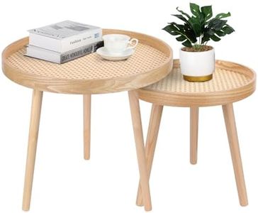 ZYBT Round Coffee Table Set of 2, Natural Boho Coffee Table, Small Mid Century Modern Rattan Coffee Table, Boho Side Table End Tables for Living Room Bedroom Office Balcony, YMXZY04080