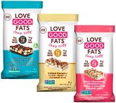 Love Good Fats Keto Protein Snack Bars - Chewy Nutty Variety Pack - 12-13g Good Fats, 7-8g Protein, 3-5g Net Carbs, 1-2g Sugar, Gluten-Free, Non GMO - Dark Chocolate Sea Salt Almond, Salted Caramel, White Chocolate Strawberry - 3 Flavours, 12 Pack