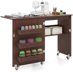 Giantex Folding Sewing Table, Rolling Craft Station with Storage Shelf, 3 Hidden Bins, Mobile Sewing Machine Desk with Lockable Wheels for Home, Small Spaces (Brown)