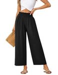 JASAMBAC Ladies Linen Trousers Capri Wide Leg Pants High Waist Summer Trousers Smocked Yoga Pants Elastic Casual Trousers with Pocket Black