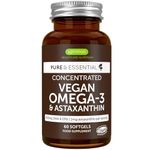 Vegan DHA & EPA Omega 3 Algae Oil & Astaxanthin Antioxidant, 1344mg Omega 3, Pure & Sustainable, 60 Small Softgels, 400mg DHA & 200mg EPA, Clean Label, Easy-to-Swallow, 30 Servings, by Igennus