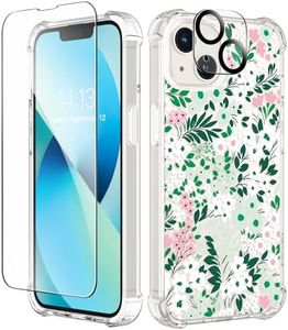 GVIEWIN Designed for iPhone 13 Case 6.1 Inch, with Tempered Glass Screen Protector + Camera Lens Protector Clear Flower Soft & Flexible Shockproof Floral Women Phone Cover (Spiraea/Green)