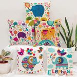 STITCHNEST Unique Cute Elephant Cartoon Blue Printed Canvas Cotton Cushion Covers, Set of 5 (Square, Set of 5)