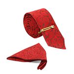 LOUIS STITCH Mens Floral Red Necktie Printed Italian Silk Suit Tie with Gold Pin and Pocket Square Gift Set Free Size (Wooden Box) (Suit Accessories)(Prague)