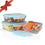 Amisglass Glass Food Storage Containers with Lids, 3 Packs Cereal Glass Meal Prep Containers with Lifetime Lasting Snap Locking Lids, Divided Glass Lunch Containers Food Container & BPA-Free