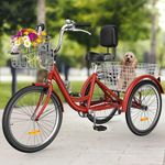 YITAHOME Tricycle, 26 Inch 3 Wheel Bikes, 7 Speed Trike Bike with Shifting for Adults with Removable Baskets, Cruiser Bike for Seniors Women Men Shopping Picnic Outdoor Sports, Red