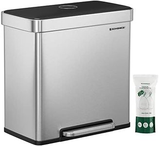 SONGMICS Kitchen Bin, 2 x 30L Stainless Steel Pedal Rubbish Bin with 15 Trash Bags, Recycling and Waste, with Plastic Inner Buckets, Lid, Soft Closure, 58 x 31.5 x 59 cm, Silver LTB202E01