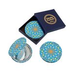 Totally Turkish Metal Compact Mirror – Small Folding Round Mirror With Magnetic Close – 1x & 2x Magnification – For Handbags, Make-Up, Travel & Commutes – Bright & Funky Geometric Pattern (Sky Blue)