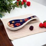 Malaikah Ceramic Long Spoon Rest Blue Print Ideal for Kitchen, Hand-Painted, Serveware, Cutlery Rest, Pack of 1