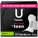 U by Kotex Balance Sized for Teens Ultra Thin with Wings Pads for women, Extra Absorbency, 40 Count (Packaging May Vary)