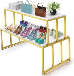 CIVANA Metal Shoe Handbag Display Stand, 2 Tier Heavy Duty Display Table, Modern Standing Display Riser Shelf for Retail Stores, Iron and Wood, Gold