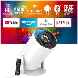 Ant Esports View 521 Smart LED Projector - White | 720P Native & 4K Support I 2500 Lumens I WiFi + BT, Android 9 I HDMI/USB I Upto 130"(330cm) Max Screen I Speaker Power 3W I Included 120" Screen