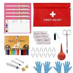 SQUARECIRCLE Complete Dog Whelping Kit with Feeding Nipple, Record Keeping Charts, ID Collars, Aspirator, Cord Clamps & More - Essential for Newborn Puppies (Red no pad)