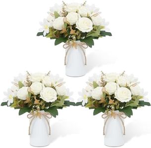 Set of 3 Wedding Table Centerpieces - Artificial Flower in Vase 6 Pcs Silk Rose Bouquets and 3 Pcs Metal Pot Small Faux Floral Arrangements for Wedding Party Home Kitchen Bathroom Décor, Ivory