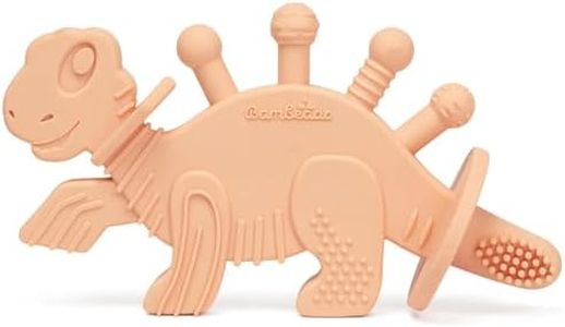 Bambeado Dibly Baby Teething Toy - Made with Natural Rubber & Amber Elements - Gentle Support, Easy to Hold, Simple to Clean - Cute Dinosaur Teether Toy - Alternative to Amber Teething Necklace Pink