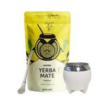 MATERO Yerba Mate Traditional Loose Leaf Tea – 250g Pack, Includes Stainless Steel Calabash Gourd and Bombilla Straw – Double Wall, Dishwasher Safe, Durable Cup for Hot or Cold Beverages – White