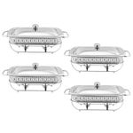 TUOJINRUIDA Gold Frame Chafing Dish Buffet Set 2.0 L x 4 PACK Warmer Server with Fuel Holder Rectangles Food Warming Tray, for Parties, Dinners Silver