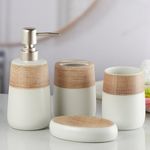 Kookee Ceramic Bathroom Accessories Set of 4, Modern Bath Set with Liquid handwash Soap Dispenser and Toothbrush Holder, Luxury Gift Accessory for Home, Beige/Brown (10261)