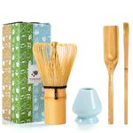 TEANAGOO Japanese Matcha Ceremony Accessory, Matcha Whisk (Chasen), Traditional Scoop (Chashaku), Tea Spoon, Blue Celadon Whisk Holder,I2, The Perfect Set to Prepare a Traditional Cup of Matcha.