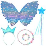 DKDDSSS 5 PCS Blue Fairy Costume, Fairy Wing, Fairy Wands, Crown Crystal Tiaras, Girl Butterfly Necklace, Fairy Costume Set for Girls Party Costume Halloween Christmas, for 2-4 Years Kid