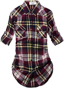 Match Womens Button Down Flannel Plaid Shirts roll up Long Sleeve Shackets Business Blouse Top (Medium, Checks#19)