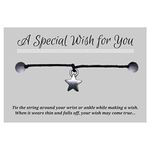 Little Star Wish Bracelet, Black Hemp with Silver Tone Charm on Printed Card, Adjustable Size up to 12 inches, Unisex Friendship Bracelet, Star Lover Gift Idea