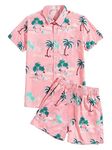 Leriya Fashion Unisex Night Dress || Rayon Palm Tree & Leaf Printed Night Suit Set || Summer Wear Short Pajama Set || Pajama Shorts Night Suits Set || Short Sleeve Night Wear (Medium, Pink)