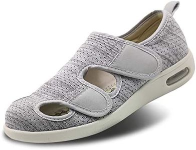 Women's Diabetic Sandals, Adjustable Closure Comfy Slippers, Extra Wide Walking Shoes for Diabetic Edema Plantar Fasciitis Bunions Arthritis Swollen Feet, Light Gray Blended Yarn, 9 X-Wide