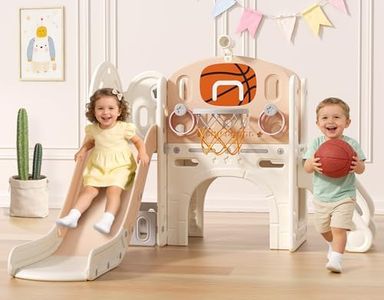 BIERUM 9 in 1 Toddler Slide, Kid Slide for Toddlers Age 1-3 with Ring Toss, Basketball Hoop and Telescope, Indoor Outdoor Slide Toddler Playset Toddler Playground Beige Coffee