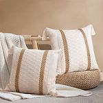 DUKYMIK Set of 2 Woven Decorative Throw Pillow Covers with Farmhouse Accent for Couch - Bohemian Neutral Pillow Cushion 18x18 Inch with Tassels for Living Room, Natural Beige, Dob Stripes